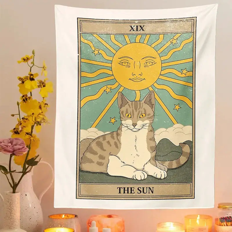 Boho cat divination tarot card tapestry bedroom wall hanging