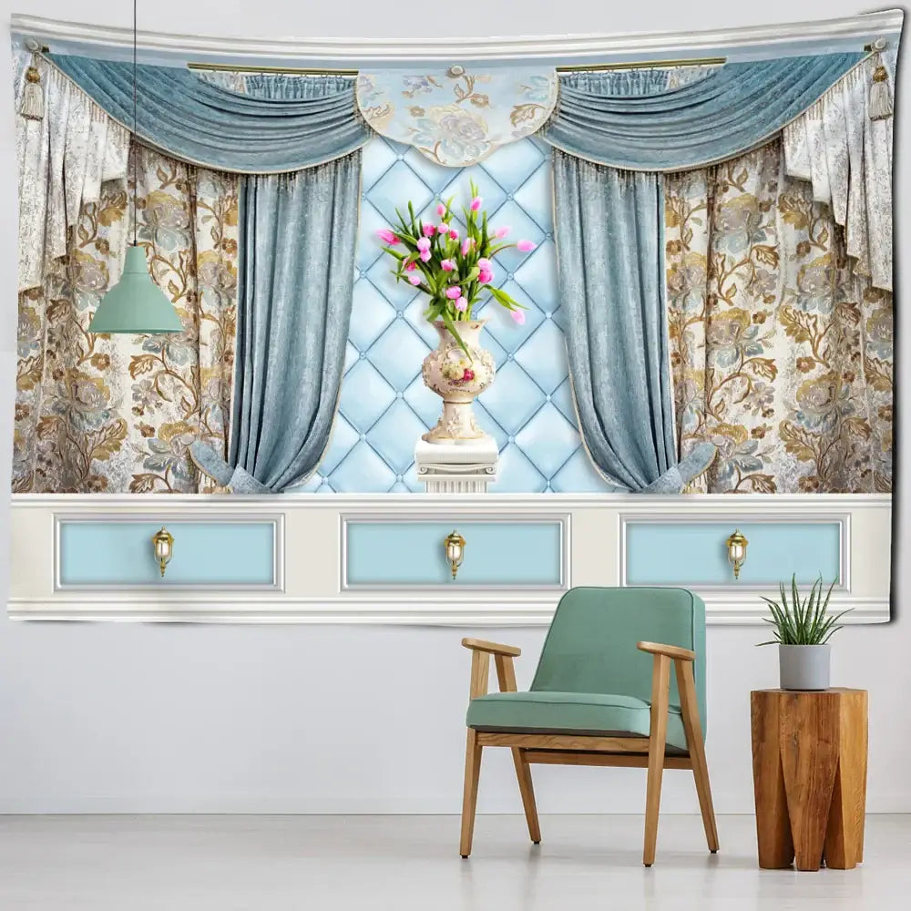 Boho chic blue & gold floral vase wall hanging living room tapestry