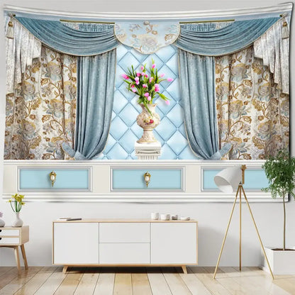 Boho chic blue & gold floral vase wall hanging living room tapestry