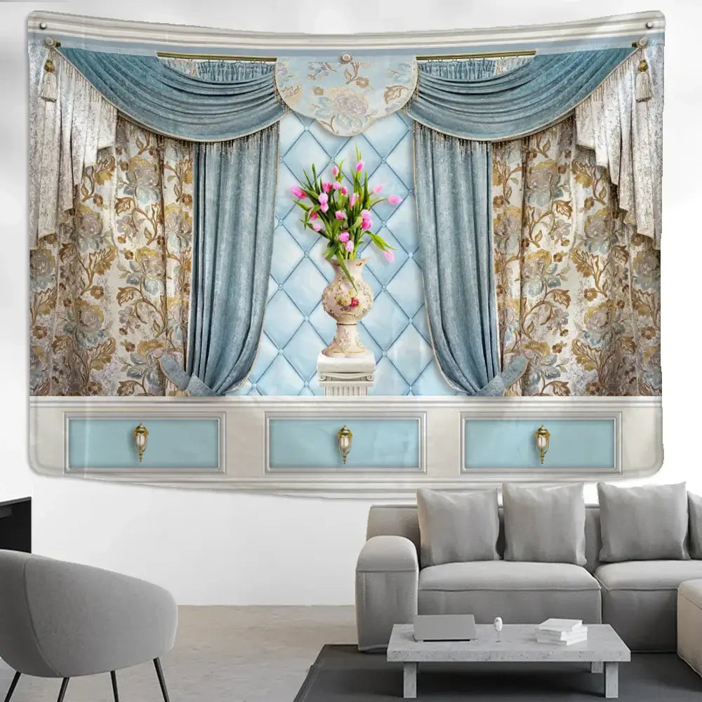 Boho chic blue & gold floral vase wall hanging living room tapestry