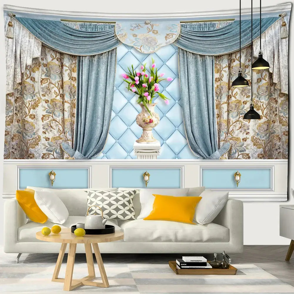 Boho chic blue & gold floral vase wall hanging living room tapestry