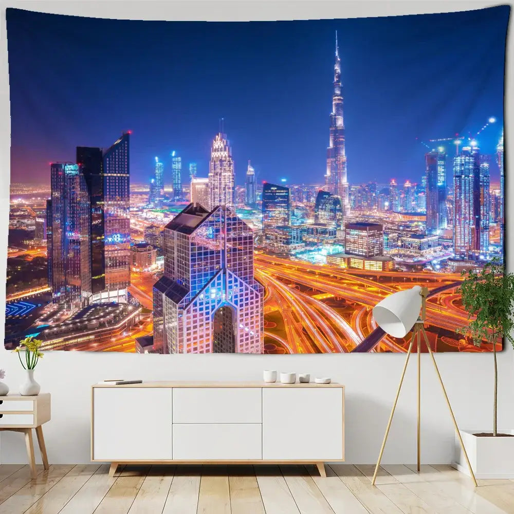 Boho chic night view blue & white cityscape tapestry bedroom wall art