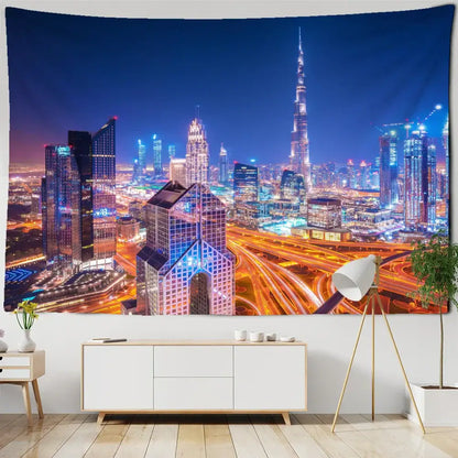 Boho chic night view blue & white cityscape tapestry bedroom wall art