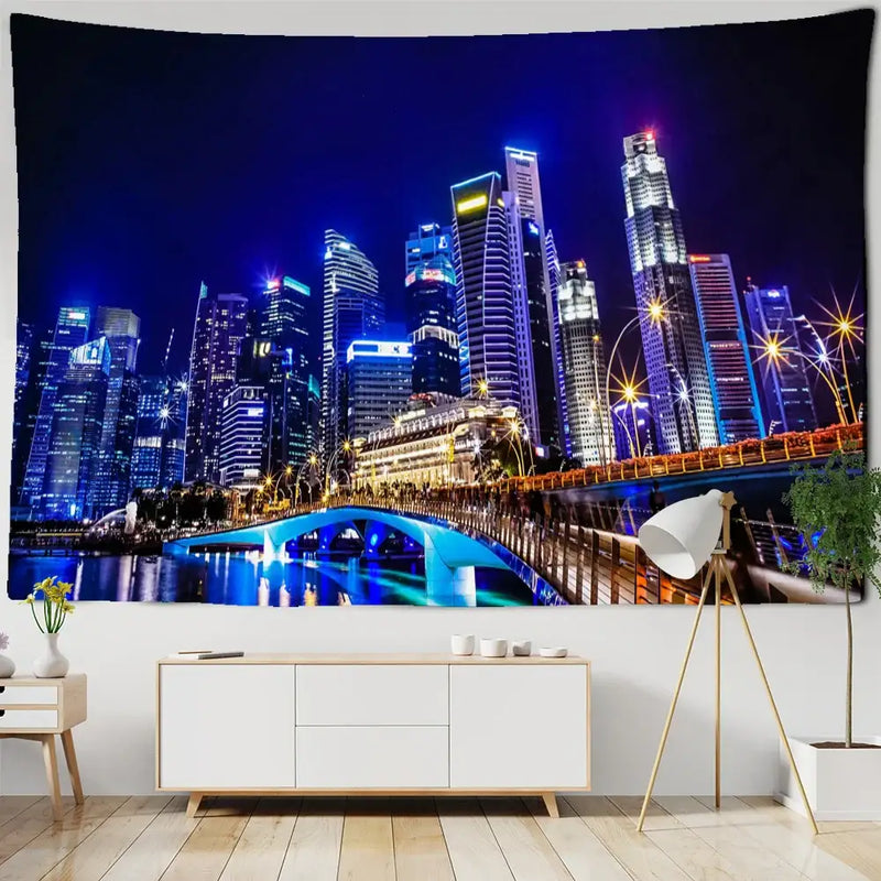 Boho chic night view blue & white cityscape tapestry bedroom wall art