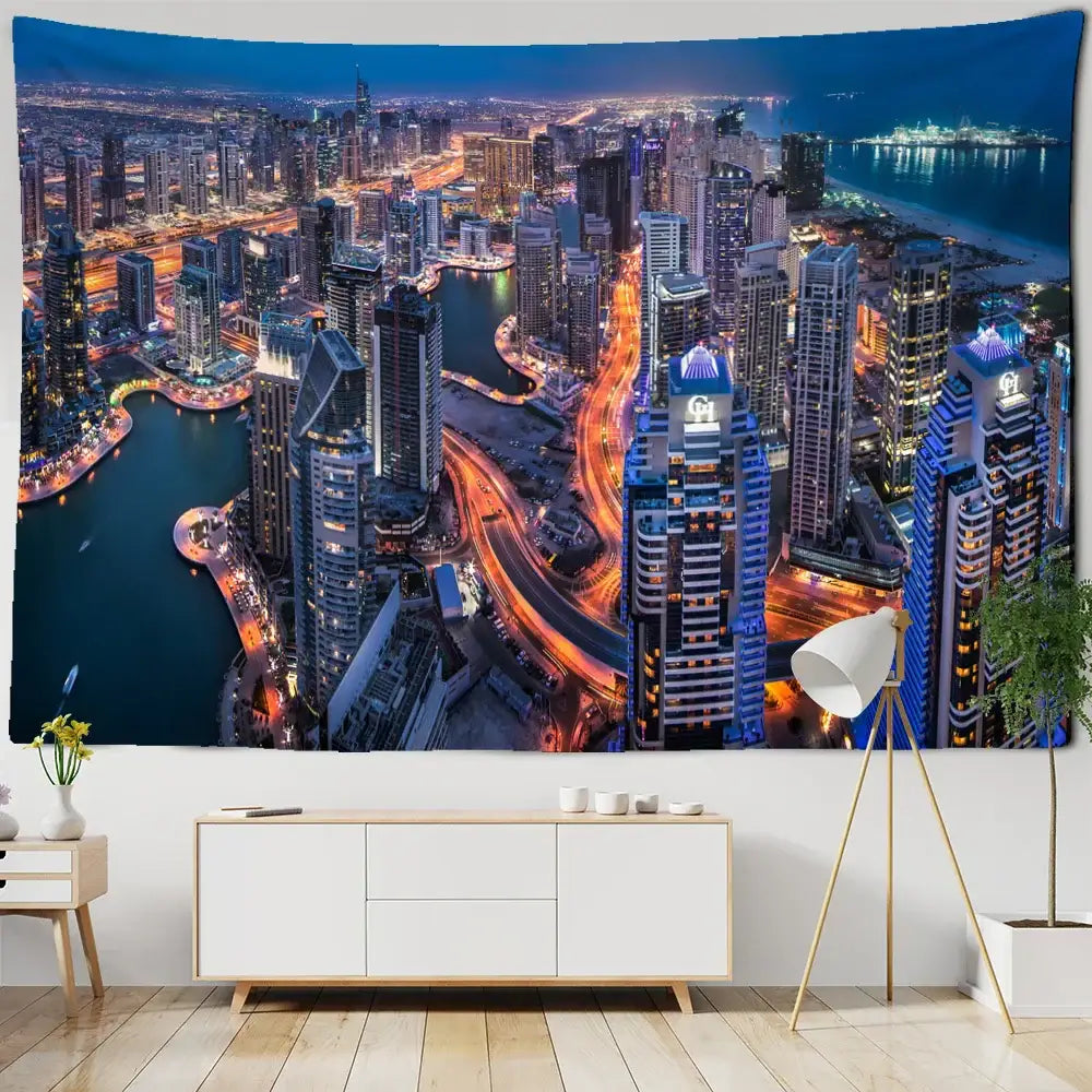Boho chic night view blue & white cityscape tapestry bedroom wall art