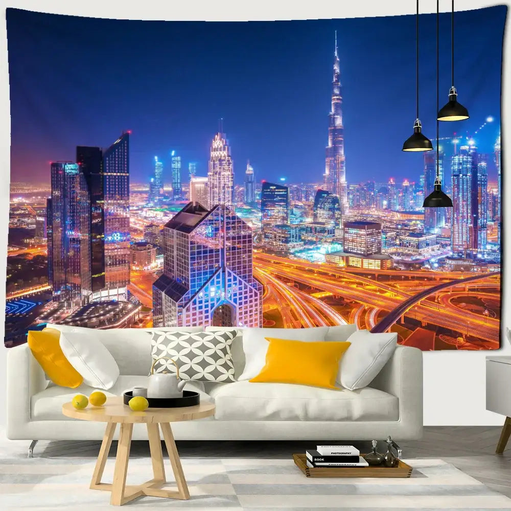 Boho chic night view blue & white cityscape tapestry bedroom wall art