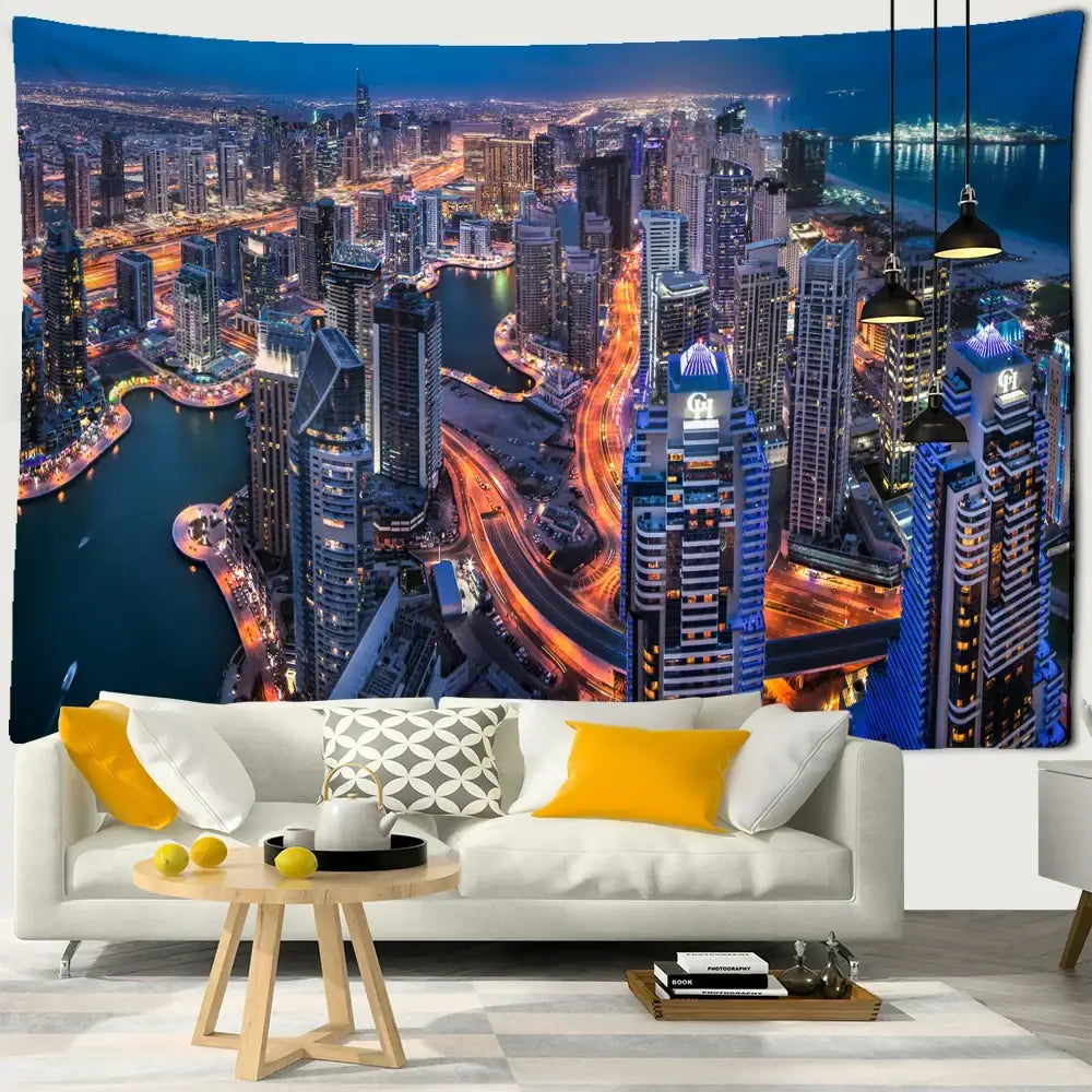 Boho chic night view blue & white cityscape tapestry bedroom wall art