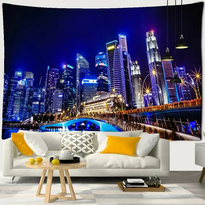 Boho chic night view blue & white cityscape tapestry bedroom wall art
