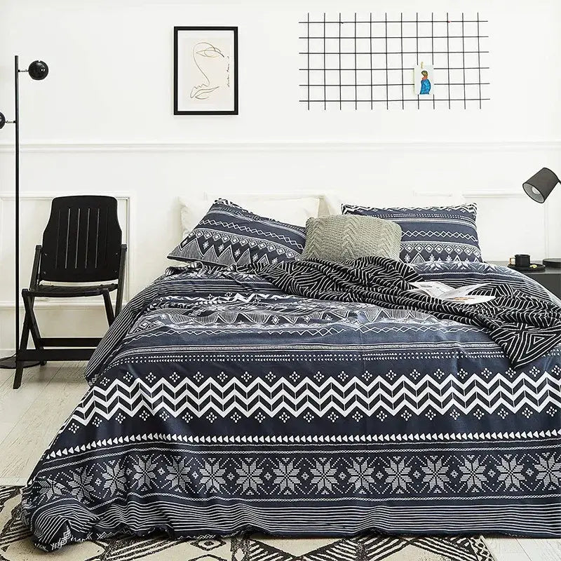 Boho chic stripe black & white snowflake bedding set bedroom microfiber