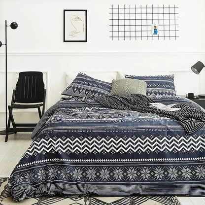 Boho chic stripe black & white snowflake bedding set bedroom microfiber
