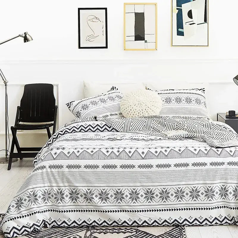 Boho chic stripe black & white snowflake bedding set bedroom microfiber