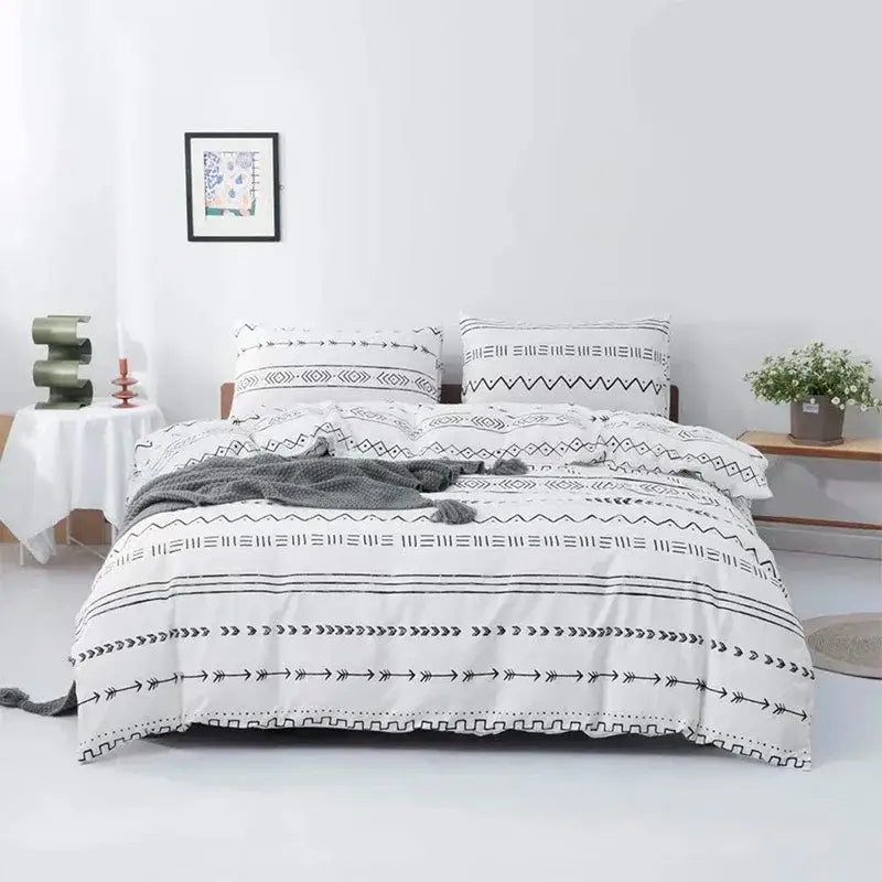 Boho chic stripe black & white snowflake bedding set bedroom microfiber
