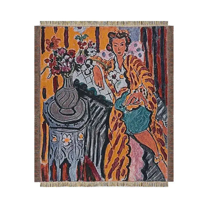 Boho chic throw blanket orange & blue leopard print living room