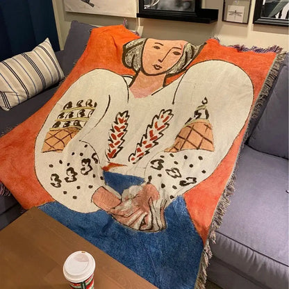 Boho chic throw blanket orange & blue leopard print living room