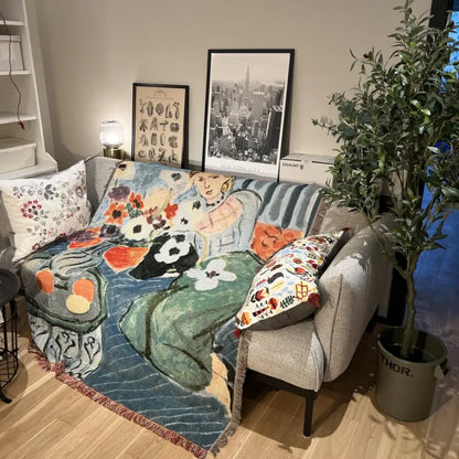 Boho chic throw blanket orange & blue leopard print living room