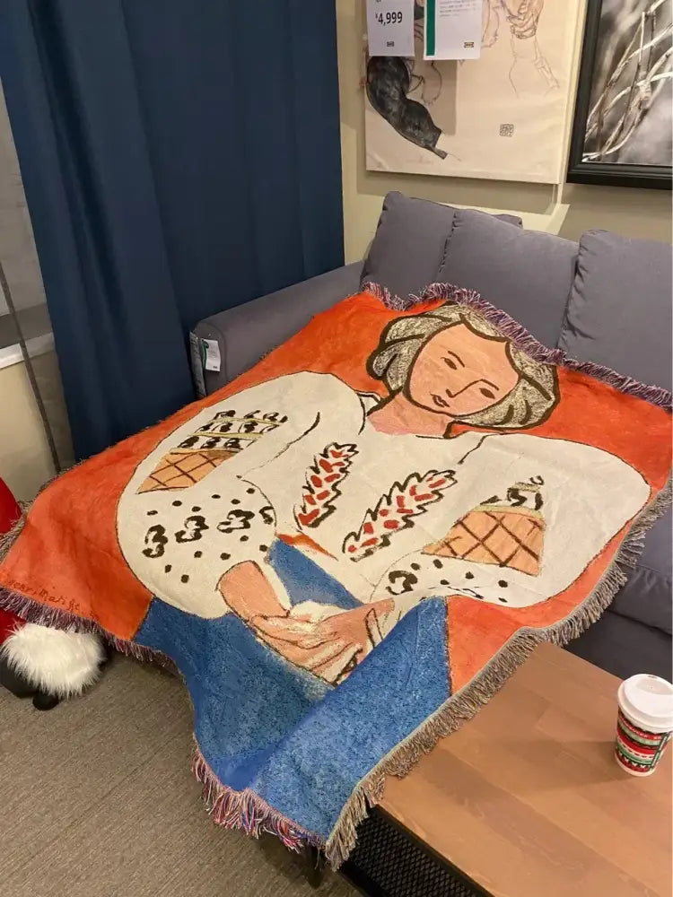 Boho chic throw blanket orange & blue leopard print living room