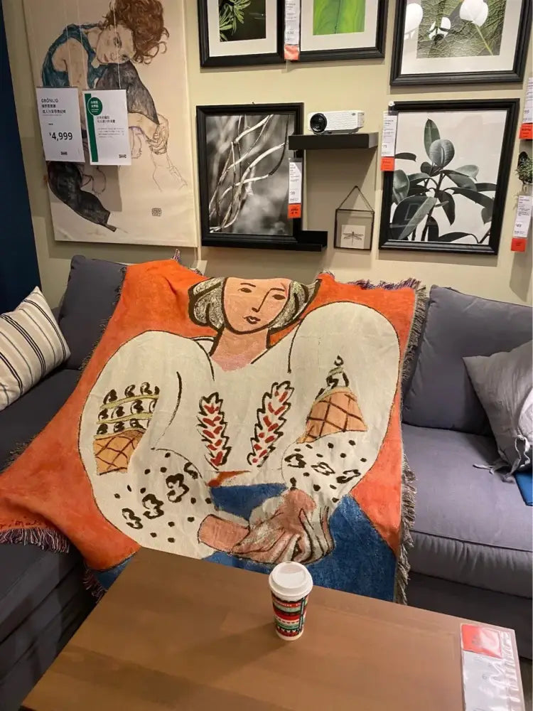 Boho chic throw blanket orange & blue leopard print living room