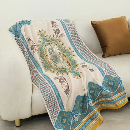 Boho cotton gauze bath towel beige & blue paisley bathroom wrap