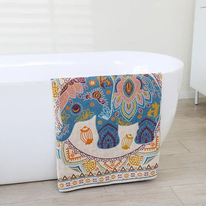 Boho cotton gauze bath towel beige & blue paisley bathroom wrap