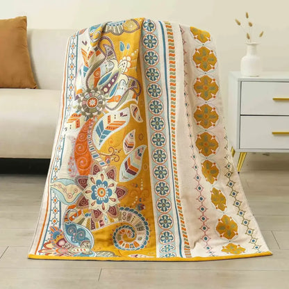 Boho cotton gauze bath towel beige & blue paisley bathroom wrap