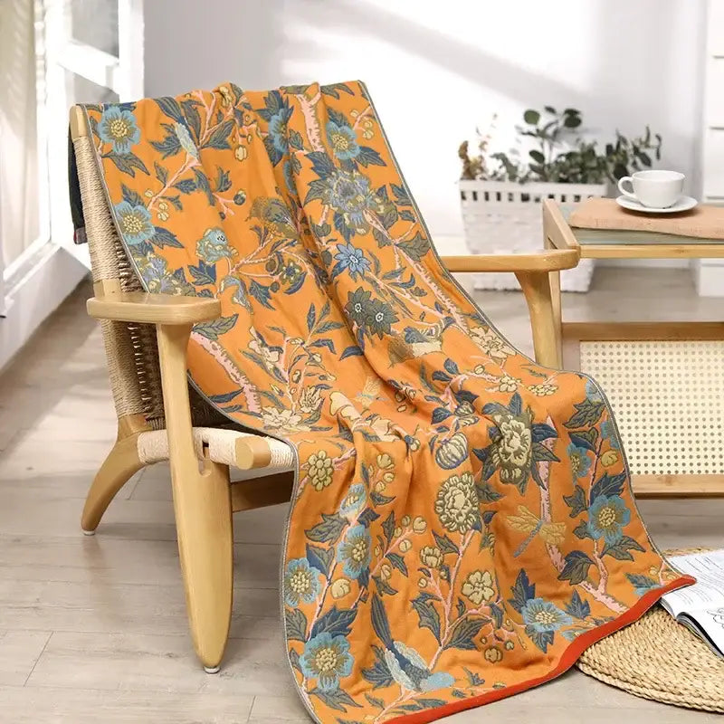 Boho cotton gauze bath towel beige & blue paisley bathroom wrap