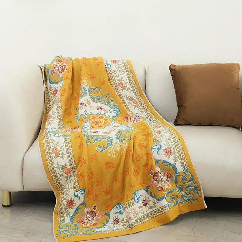 Boho cotton gauze bath towel beige & blue paisley bathroom wrap