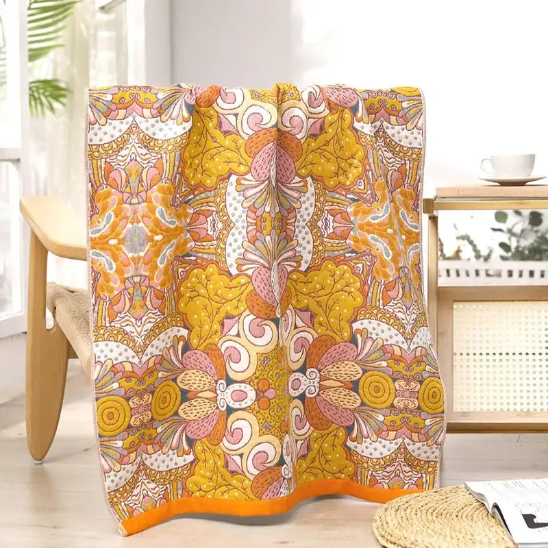 Boho cotton gauze bath towel beige & blue paisley bathroom wrap