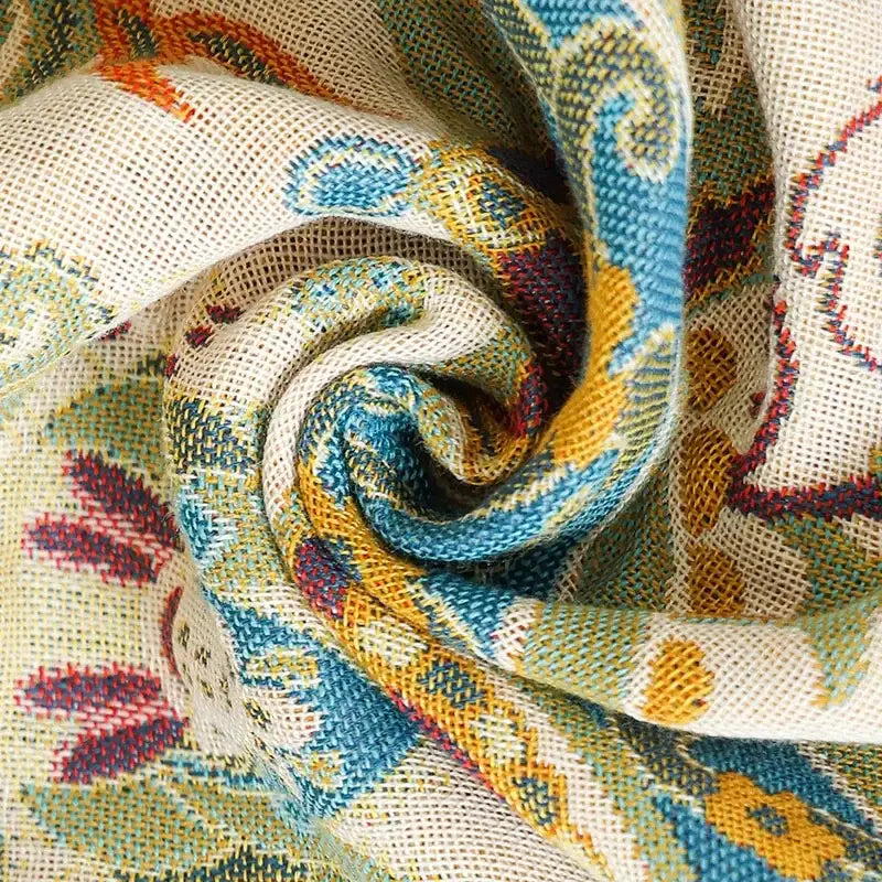Boho cotton gauze bath towel beige & blue paisley bathroom wrap