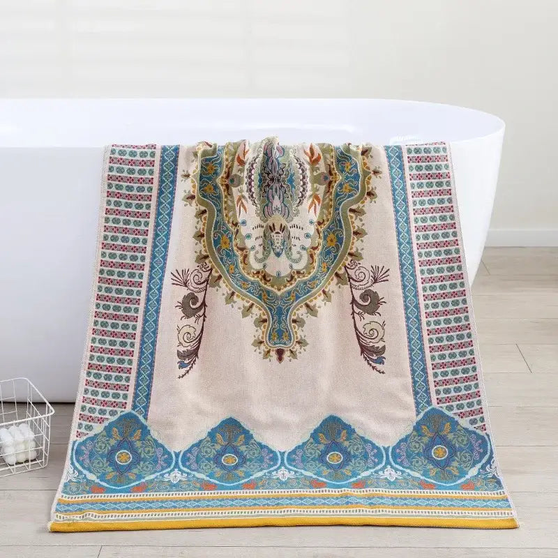 Boho cotton gauze bath towel beige & blue paisley bathroom wrap