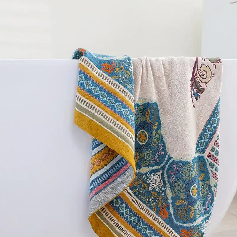 Boho cotton gauze bath towel beige & blue paisley bathroom wrap