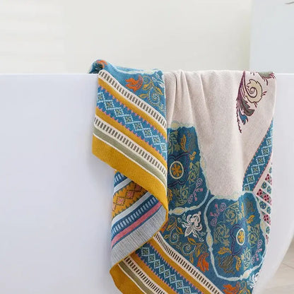 Boho cotton gauze bath towel beige & blue paisley bathroom wrap