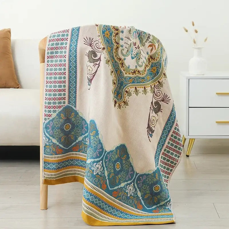 Boho cotton gauze bath towel beige & blue paisley bathroom wrap