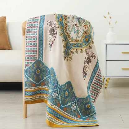 Boho cotton gauze bath towel beige & blue paisley bathroom wrap
