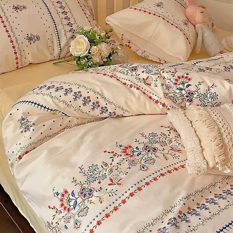 Boho cotton printed cream floral bedding set – bedroom duvet cover