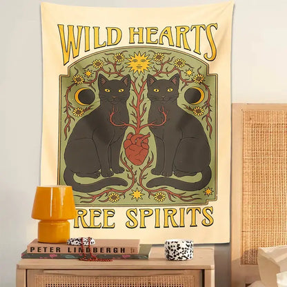 Boho cream and black cat hearts tapestry wall hanging bedroom decor