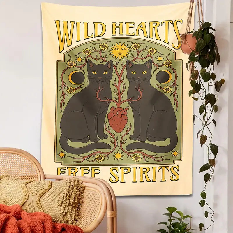 Boho cream and black cat hearts tapestry wall hanging bedroom decor