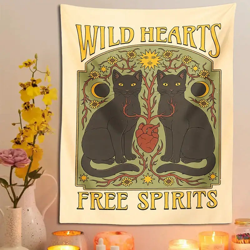 Boho cream and black cat hearts tapestry wall hanging bedroom decor