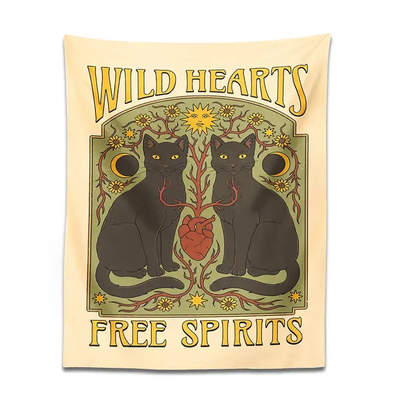 Boho cream and black cat hearts tapestry wall hanging bedroom decor