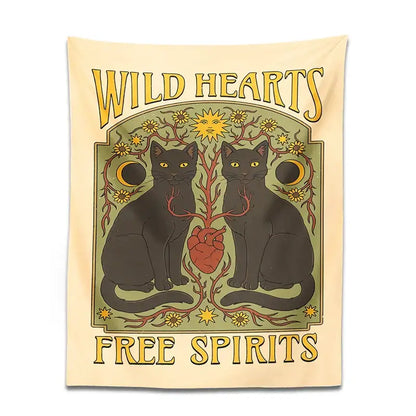 Boho cream and black cat hearts tapestry wall hanging bedroom decor