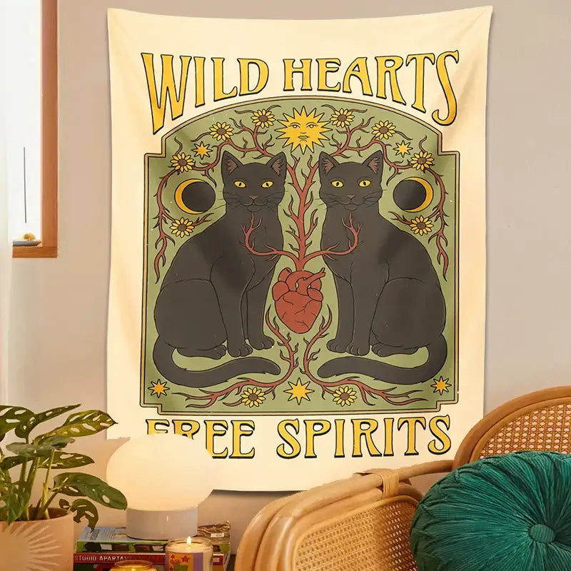 Boho cream and black cat hearts tapestry wall hanging bedroom decor