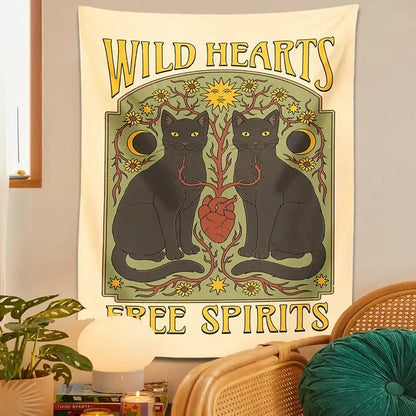Boho cream and black cat hearts tapestry wall hanging bedroom decor