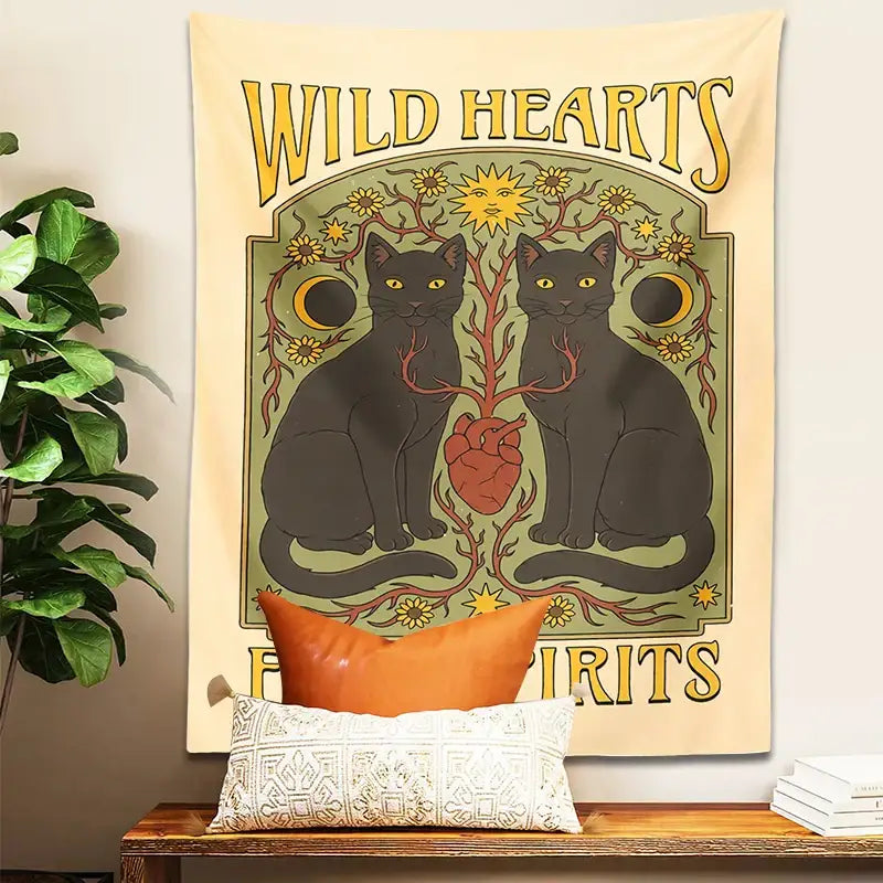 Boho cream and black cat hearts tapestry wall hanging bedroom decor