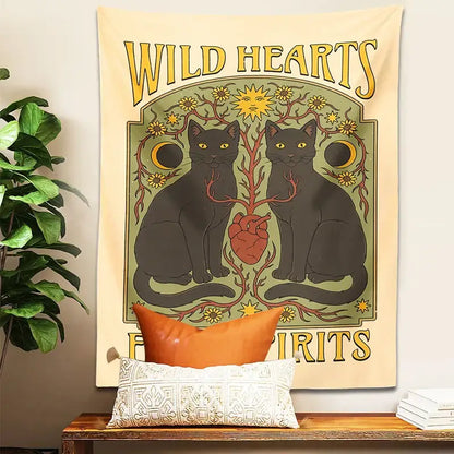 Boho cream and black cat hearts tapestry wall hanging bedroom decor