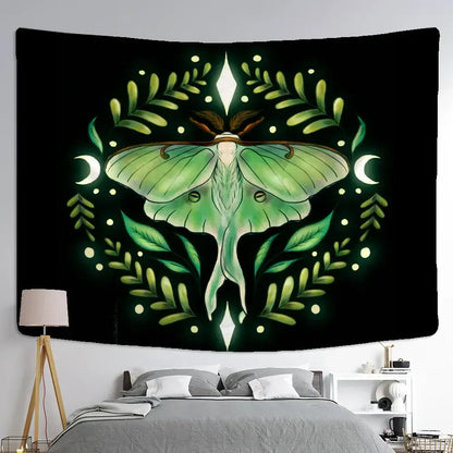Boho cream and green butterfly tapestry bedroom wall hanging