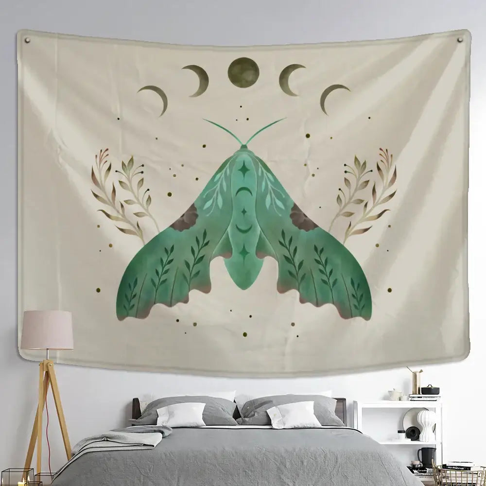 Boho cream and green butterfly tapestry bedroom wall hanging