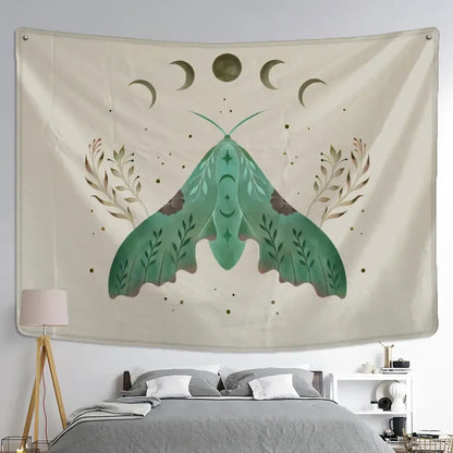 Boho cream and green butterfly tapestry bedroom wall hanging