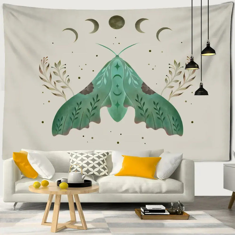 Boho cream and green butterfly tapestry bedroom wall hanging