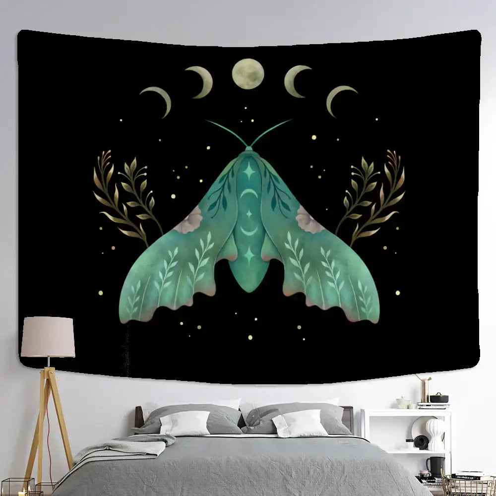 Boho cream and green butterfly tapestry bedroom wall hanging