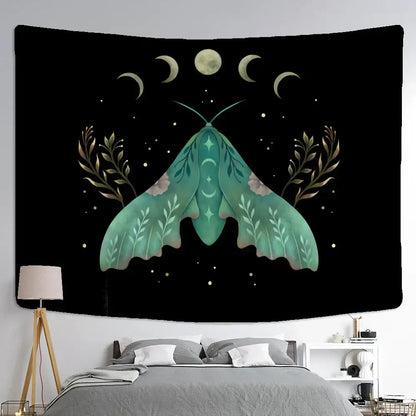 Boho cream and green butterfly tapestry bedroom wall hanging