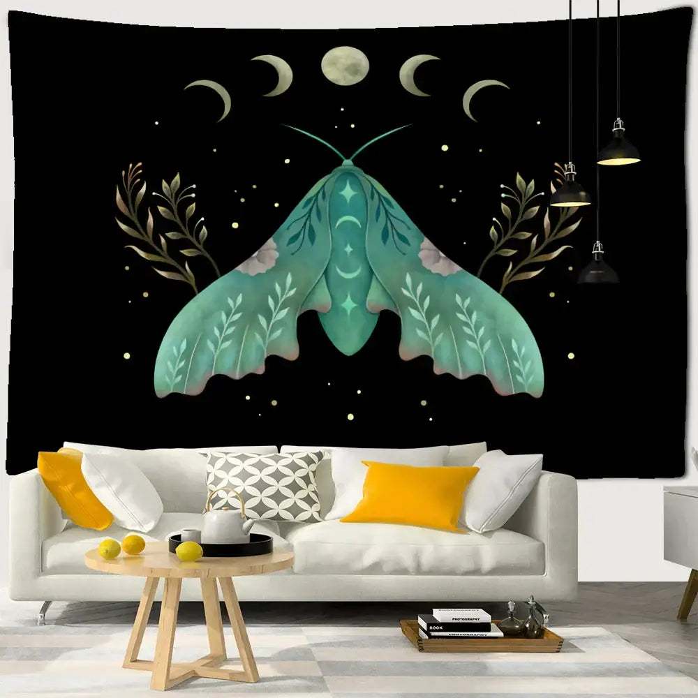 Boho cream and green butterfly tapestry bedroom wall hanging